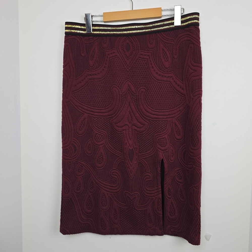 Maeve Burgundy Jacquard Pencil Skirt With Front Slit & Elastic Waist, Sz L